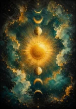Golden citrus sun and moon wall art set featuring a glowing sun, lunar phases, and celestial textures for elegant interiors