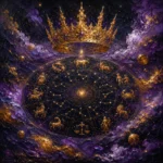 Violet and gold zodiac wall art featuring a golden constellation crown, celestial sphere, and symbolic stars for elegant interiors