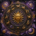 Violet and gold zodiac wall art print featuring a celestial emblem with cosmic textures and elegant lunar-inspired details for refined interiors