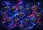 Royal indigo and rose zodiac art prints featuring carved celestial symbols on cosmic stone textures with constellation details