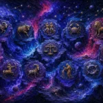 Royal indigo and rose zodiac art prints featuring carved celestial symbols on cosmic stone textures with constellation details