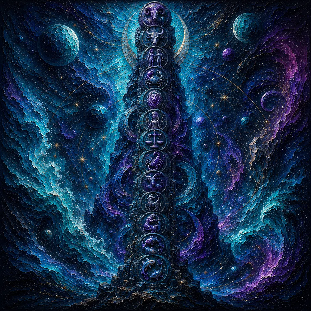 Cosmic Totem zodiac sign wall art Deep Peacock & Plum Art Print