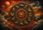 Rust red and gold chinese zodiac wall art featuring twelve traditional animal symbols in an elegant celestial wheel composition