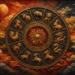 Rust red and gold chinese zodiac wall art featuring twelve traditional animal symbols in an elegant celestial wheel composition