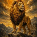 Antique gold luxe leo zodiac wall art print featuring a majestic lion, rocky landscape, amber sky, and golden mane details for elegant interiors