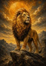 Antique gold luxe leo zodiac wall art print featuring a majestic lion, rocky landscape, amber sky, and golden mane details for elegant interiors