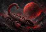 Crimson noir scorpio zodiac sign painting print featuring a powerful scorpion, volcanic landscape, red accents, and dark atmospheric textures for elegant interiors
