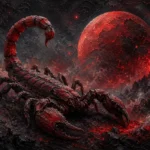 Crimson noir scorpio zodiac sign painting print featuring a powerful scorpion, volcanic landscape, red accents, and dark atmospheric textures for elegant interiors