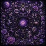 Mauve noir zodiac canvas art print featuring a zodiac circle, celestial flowers, cosmic vines, and purple botanical details for elegant interiors