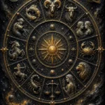 Charcoal and gold zodiac wheel wall art print featuring symbolic constellations, golden pathways, celestial textures, and dark cosmic details for elegant interiors