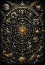 Charcoal and gold zodiac wheel wall art print featuring symbolic constellations, golden pathways, celestial textures, and dark cosmic details for elegant interiors