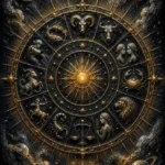 Charcoal and gold zodiac wheel wall art featuring celestial rays, star formations, and a refined cosmic composition for elegant interiors.
