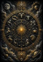Charcoal and gold zodiac wheel wall art featuring celestial rays, star formations, and a refined cosmic composition for elegant interiors.