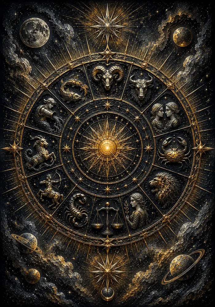 Astral Crown Zodiac Wheel Wall Art Charcoal & Gold Art Print