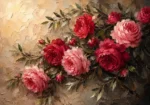 Rose and olive floral wall art for bedroom featuring garden roses, delicate branches, and a warm botanical composition for elegant interiors.