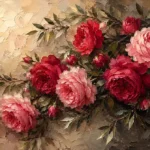 Rose and olive floral wall art for bedroom featuring garden roses, delicate branches, and a warm botanical composition for elegant interiors.