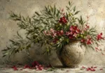 Olive and rose floral wall art for bedroom featuring a ceramic vessel, olive stems, flowering branches, and crimson accents for elegant interiors.