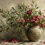 Olive and rose floral wall art for bedroom featuring a ceramic vessel, olive stems, flowering branches, and crimson accents for elegant interiors.