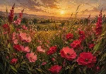 Rose and olive floral wall art for bedroom featuring wild blooms, olive grasses, and warm golden-hour light for elegant interiors.