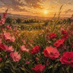 Rose and olive floral wall art for bedroom featuring wild blooms, olive grasses, and warm golden-hour light for elegant interiors.