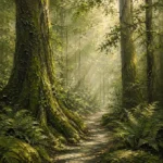 Moss and sage nature wall art for bedroom featuring a woodland path, ancient trees, soft mist, and warm forest light for elegant interiors.