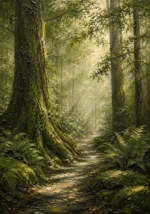 Moss and sage nature wall art for bedroom featuring a woodland path, ancient trees, soft mist, and warm forest light for elegant interiors.