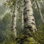 Moss and sage nature wall art for bedroom featuring graceful birch trees, lush woodland grasses, and a tranquil forest setting for elegant interiors.