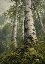 Moss and sage nature wall art for bedroom featuring graceful birch trees, lush woodland grasses, and a tranquil forest setting for elegant interiors.
