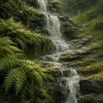 Moss & Sage nature wall art for bedroom featuring a cascading woodland waterfall, layered stone, lush moss, and peaceful forest scenery