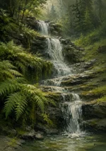 Moss & Sage nature wall art for bedroom featuring a cascading woodland waterfall, layered stone, lush moss, and peaceful forest scenery