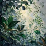 Botanical Mint botanical prints above bed featuring layered eucalyptus, magnolia, and climbing vines with soft natural light