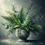Botanical Mint botanical prints above bed featuring sculptural fern fronds, leafy branches, and a weathered stone vessel
