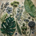 Botanical prints above bed with pressed green leaves herbs and flowering stems