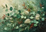 Eucalyptus & Clay botanical prints for bedroom featuring graceful eucalyptus branches, flowering stems, and flowing botanical foliage