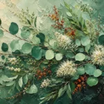 Eucalyptus & Clay botanical prints for bedroom featuring graceful eucalyptus branches, flowering stems, and flowing botanical foliage