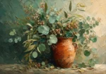 Eucalyptus & Clay botanical prints for bedroom featuring a terracotta vessel with eucalyptus stems, seed pods, and botanical foliage