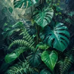 Emerald Editorial greenery wall decor bedroom featuring towering monstera, philodendron leaves, fern fronds, and climbing vines