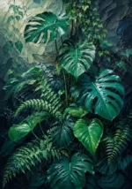Emerald Editorial greenery wall decor bedroom featuring towering monstera, philodendron leaves, fern fronds, and climbing vines