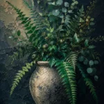 Emerald Editorial greenery wall decor bedroom featuring cascading fern fronds, sculptural foliage, seed pods, and a weathered stone vessel