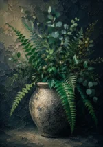 Emerald Editorial greenery wall decor bedroom featuring cascading fern fronds, sculptural foliage, seed pods, and a weathered stone vessel