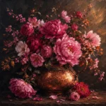 Rose & Copper flower wall decor for bedroom featuring blooming peonies, wild roses, flowering branches, and a handcrafted copper vessel