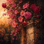 Rose & Copper flower wall decor for bedroom featuring cascading climbing roses, trumpet blossoms, and flowering vines across an aged stone surface