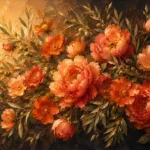 Burnt Coral & Olive floral pictures for bedroom featuring coral peonies, wild roses, and olive branches in a graceful horizontal arrangement