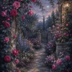 Dusty Rose Editorial flower painting for bedroom featuring a romantic garden with rose bushes, wildflowers, climbing vines, and an aged stone pathway