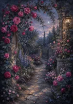 Dusty Rose Editorial flower painting for bedroom featuring a romantic garden with rose bushes, wildflowers, climbing vines, and an aged stone pathway