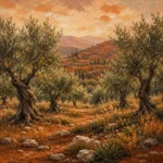 Clay and moss nature painting for bedroom featuring olive trees, wild grasses, and Mediterranean-inspired clay hills under warm afternoon light