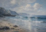 Dusty Blue Gallery beach wall art for bedroom featuring a wide sandy shoreline, gentle ocean waves, and distant rocky cliffs beneath a tranquil sky