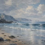 Dusty Blue Gallery beach wall art for bedroom featuring a wide sandy shoreline, gentle ocean waves, and distant rocky cliffs beneath a tranquil sky