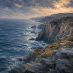 Dusty Blue Gallery beach wall art for bedroom featuring dramatic coastal cliffs, deep blue ocean, seabirds, and warm evening light
