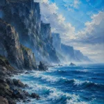 Ice Blue Editorial coastal pictures for bedroom featuring towering sea cliffs, rolling blue waves, and a mist-covered coastal horizon beneath an open sky